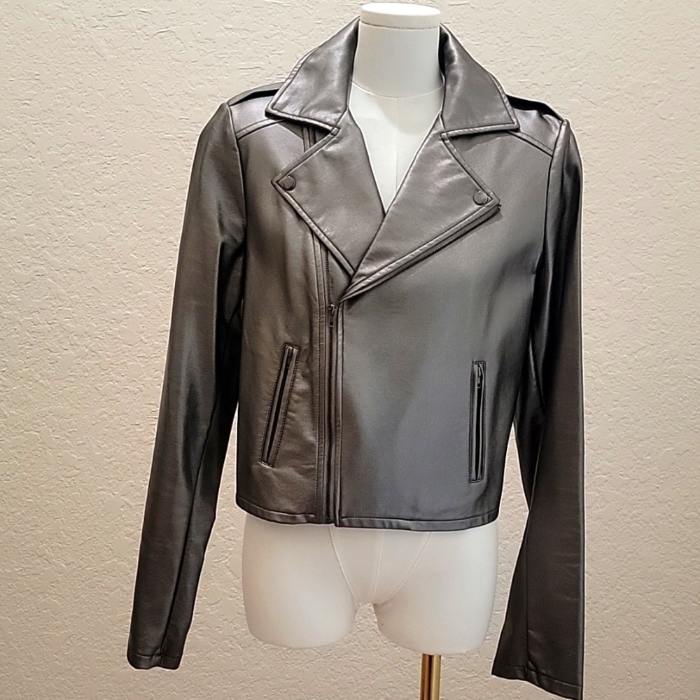 Material Girl Metallic Vegan/Faux Leather Moto Jacket Size M